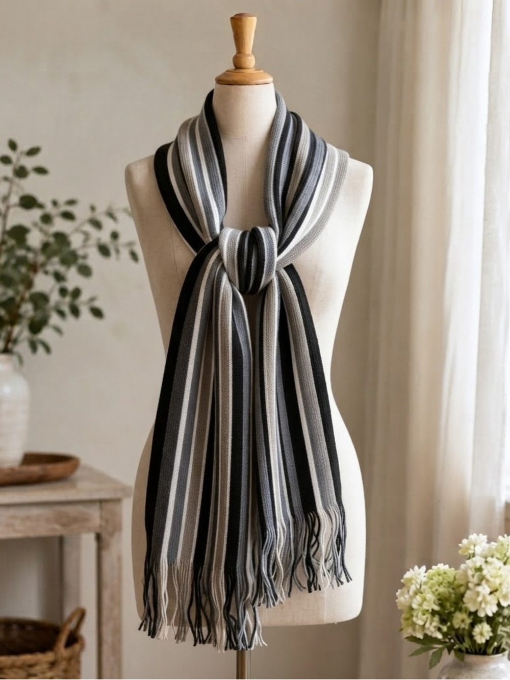 Paoletti Firenze Black White Gray Striped Knit Fringe Scarf